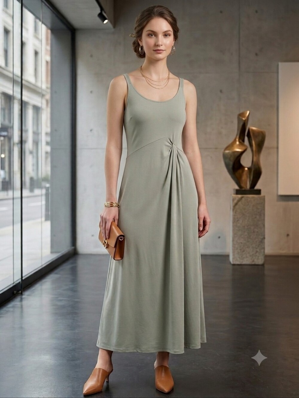 Anthropologie Sage Mint Green Draped Tank Maxi Dress XS Asymmetric Gathered